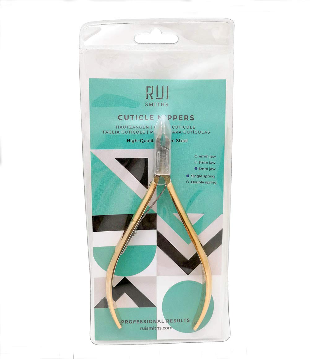 Rui Smiths Alicates Profesionales para Cutículas, Acero Carbono Bañado en Oro, Mango Francés, Resorte Simple, Mandíbula de 6 mm (Full Jaw)