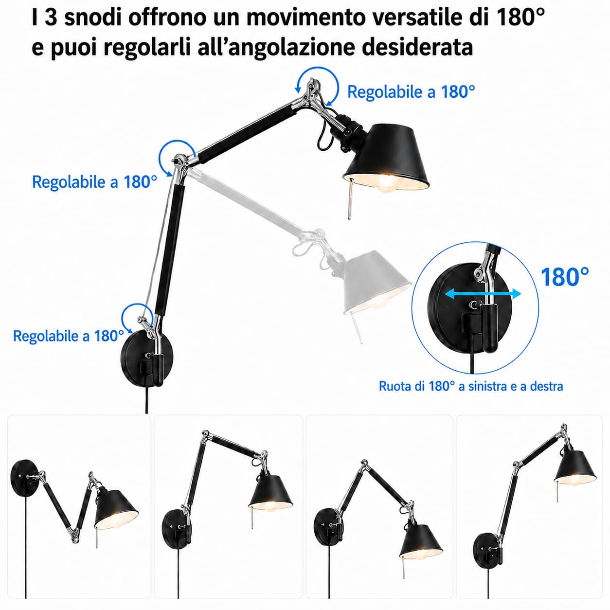 Applique da Parete con Braccio Orientabile, Lampada da Parete Industriale Plug in con Braccio Regolabile, Lampada da Lettura da Parete per Soggiorno, Camera da Letto, Studio e Ufficio