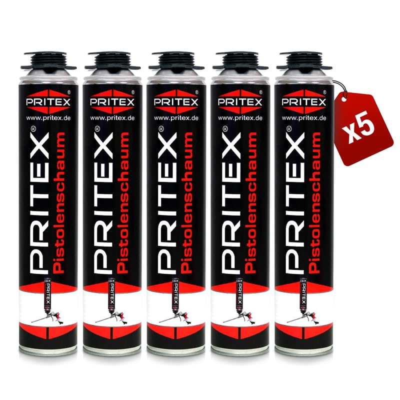 PRITEX – Pistolenschaum 5 x 750 ml zum Verfüllen, Dämmen & Abdichten – Montageschaum mit hervorragender Schall- & Wärmedämmung – Bauschaum für Montagepistole