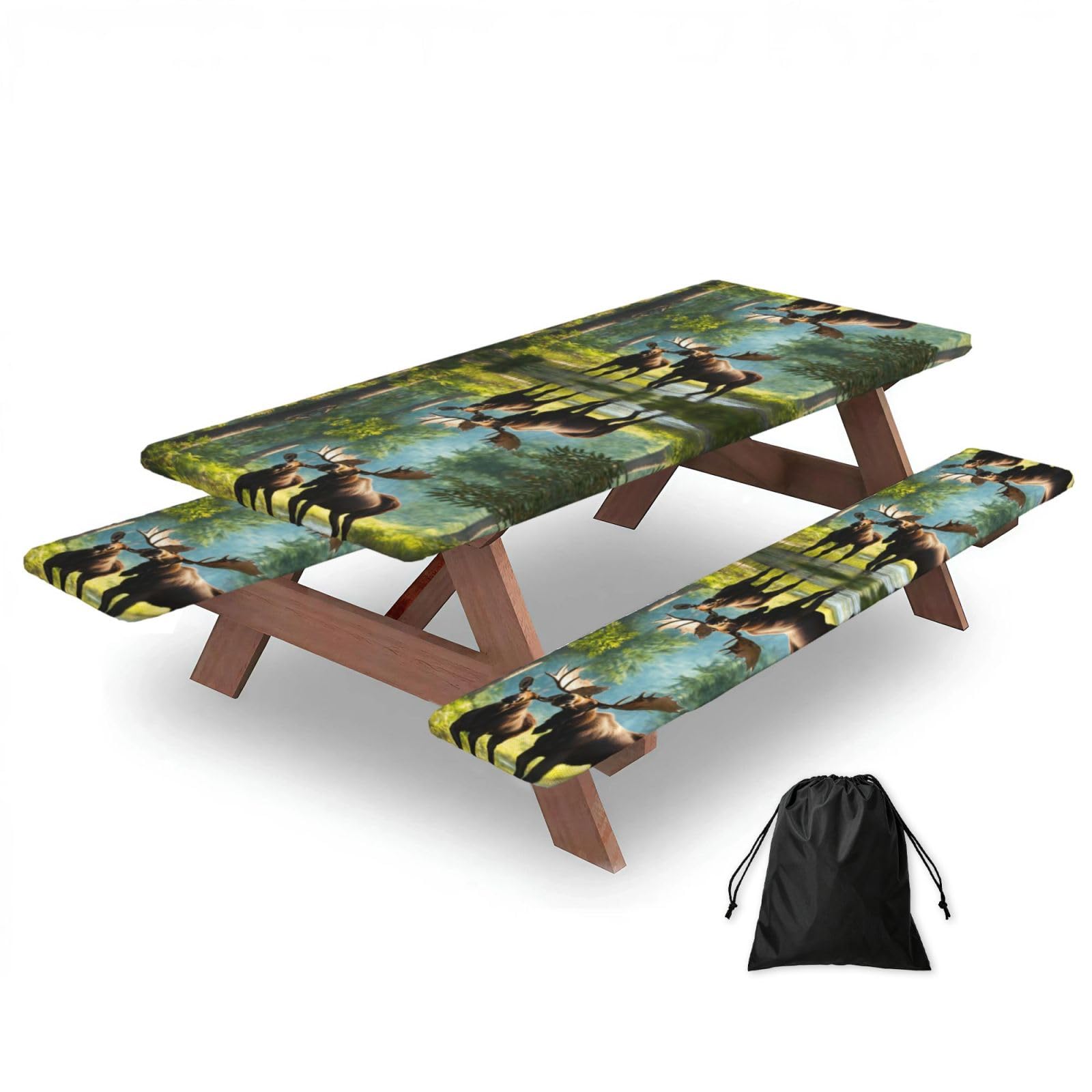 Zyjhyy Black Deer Bear Moose Print Party Table Covers With Bench Covers Set Of 3 Picnic Table Cloth Wipe Clean For Garden Camping