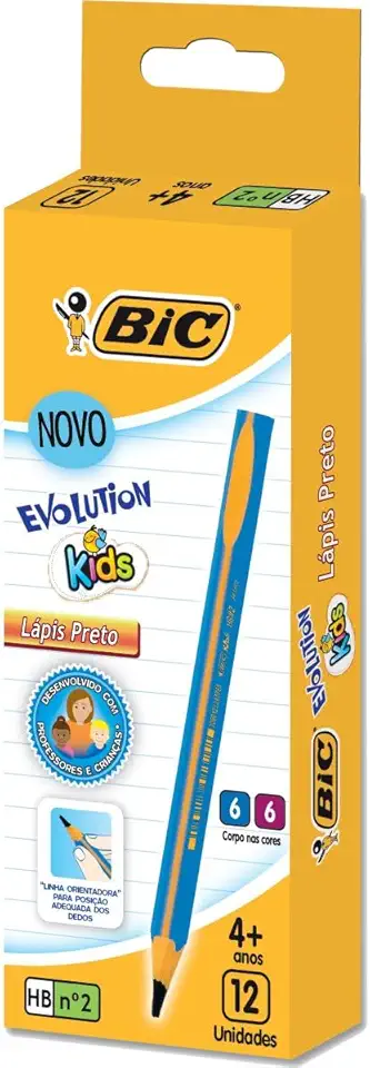 Lápis Preto BIC Evolution KIDS Triangular, Jumbo, Nº 2HB, Resistente, 902495, 12 Unidades, Seguro para Crianças
