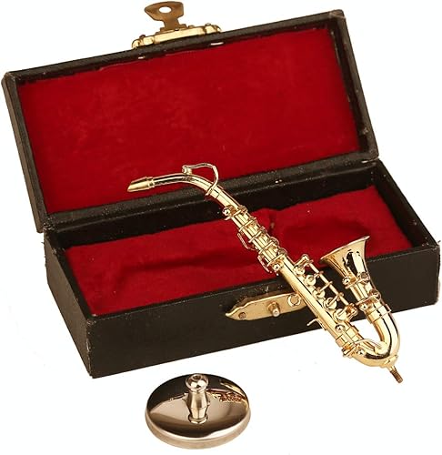 Miniatura 10 de Saxofón en miniatura con soporte y estuche de latón, réplica de mini instrumentos musicales, figuras coleccionables, accesorios de casa de muñecas
