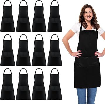 Jubatus 12 Pack 100% Cotton Aprons Bulk with 2 Pockets Cooking Chef Kitchen Adjustable Bib Apron for Women Men, Black