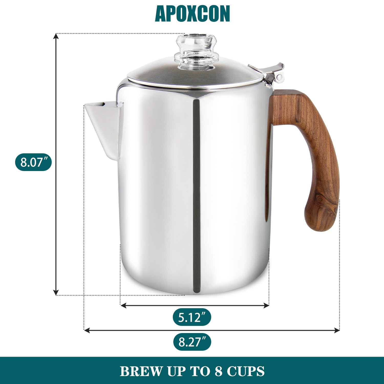 APOXCON Kaffee-Perkolatorkanne aus Edelstahl mit robustem Glasknopf und behandeltem Massivholzgriff und tropffreiem Ausgießer, Camping-Kaffeekanne, Verwendung auf jedem Herd, kein Aluminium