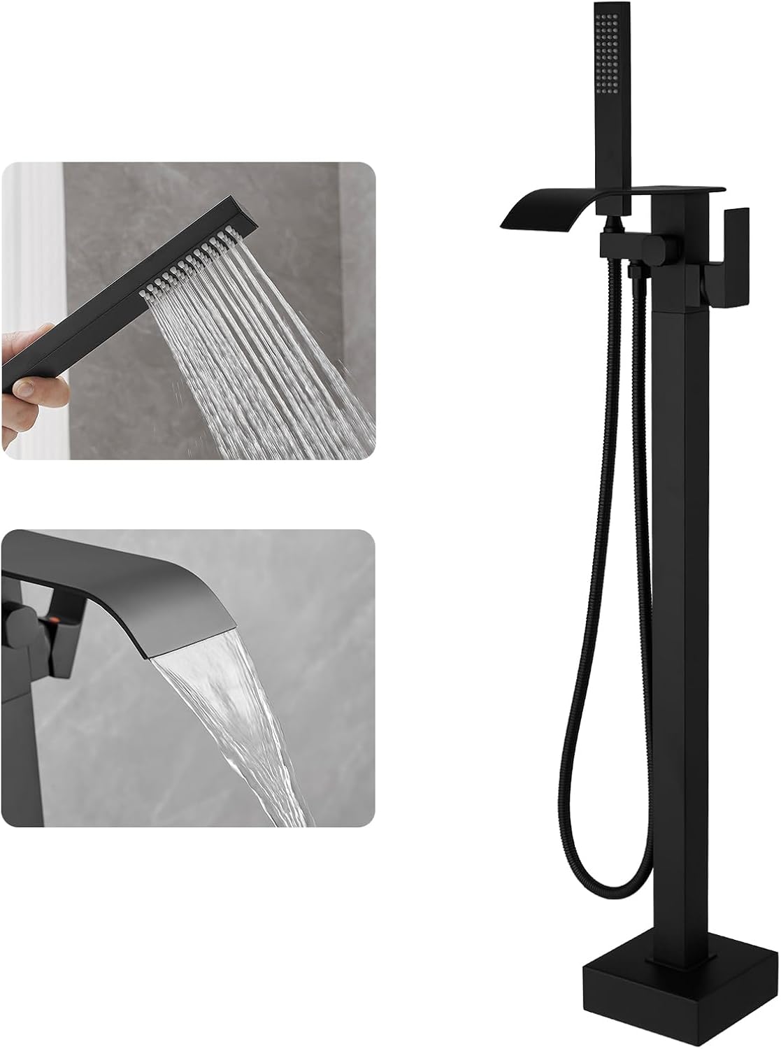 BWE Black Freestanding Bathtub Faucet Floor Mounted Tub Filler Waterfall Tub Spout with Handheld Shower Head Single Handle Solid Brass Construction Bathtub System Matte Black
