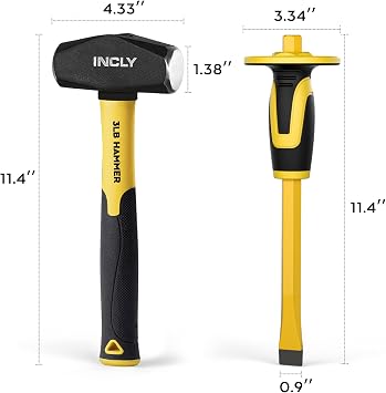 INCLY 4 PCS Geology Rock Pick Equipment Kit, Rock Hammer and Chisel Set | 3lb Sledge Rock Hammer, Safety Glasses, Gloves,12 Mason Concrete Chisel, For Hounding, Gold Mining, Brick Stone Breaking
