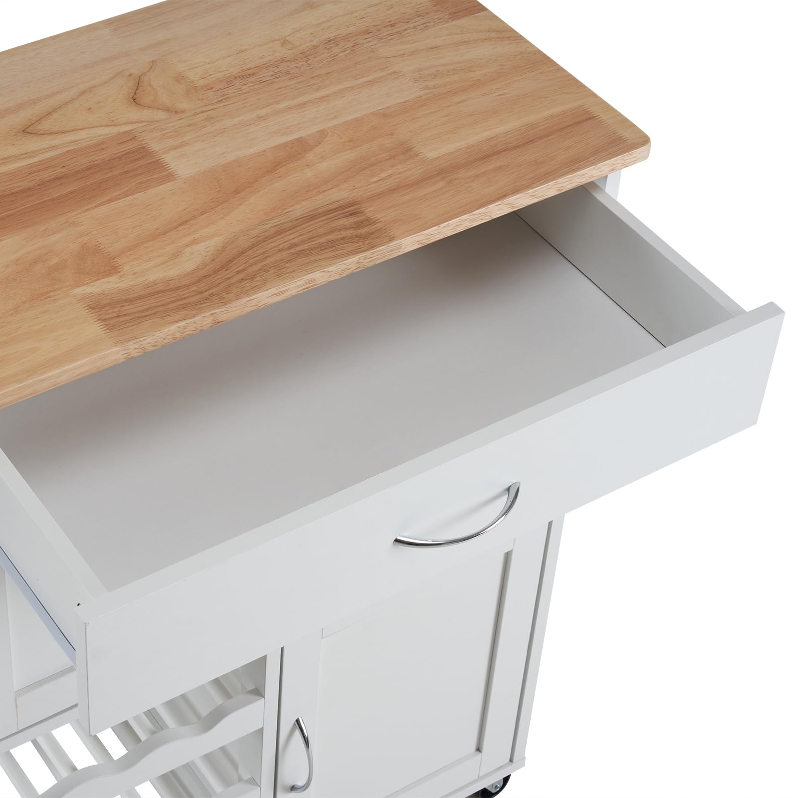 Bonnlo Carro de Cocina con Ruedas, Carrito de Cocina con Cajón, Botellero y Estantes, Mueble de Cocina con Superficie de Madera, 67 x 38 x 87 cm, Blanco