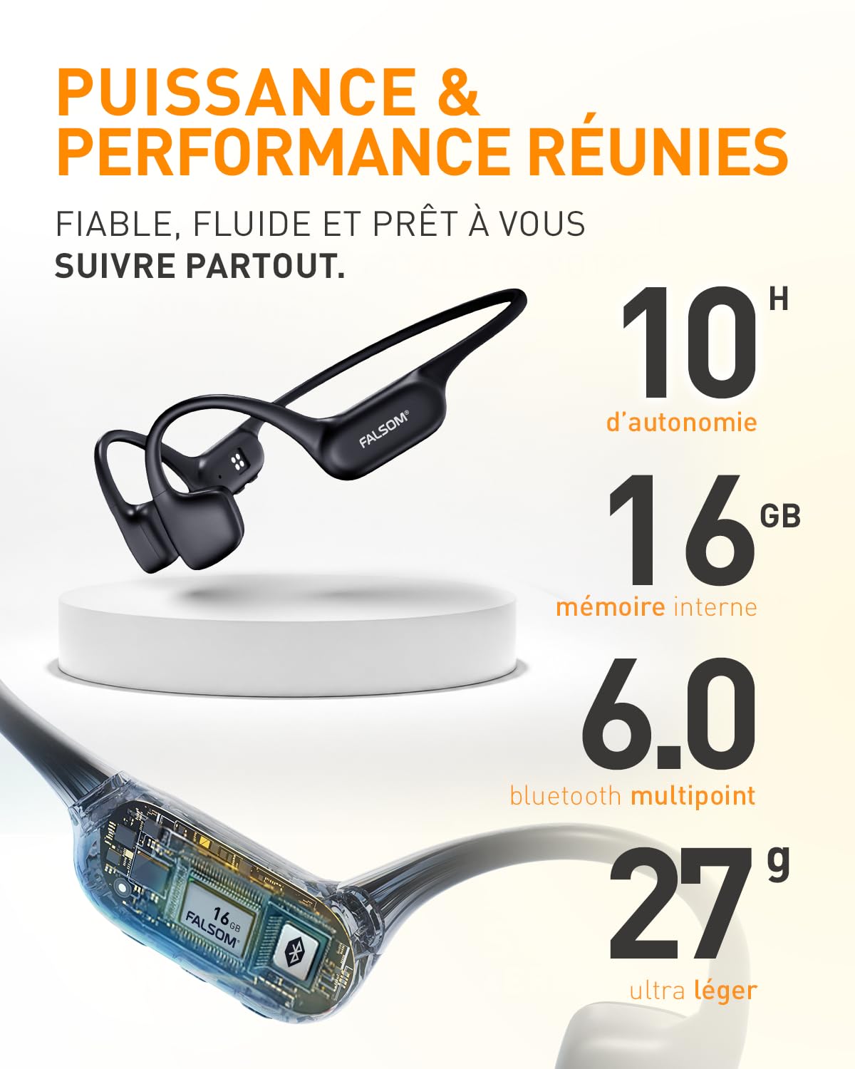 NexOne Lite – Casque à Conduction Osseuse Étanche IP68, Bluetooth 6.0, Mémoire 16 Go, Autonomie 10H Casque Sport Oreille Ouverte Léger pour Natation, Vélo et Course, Écouteurs MP3