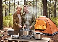 Vista 2 de Juego de utensilios de cocina de acero inoxidable para acampar, sartén con mango desmontable, ollas anidables para mochileros, campamento y cocina