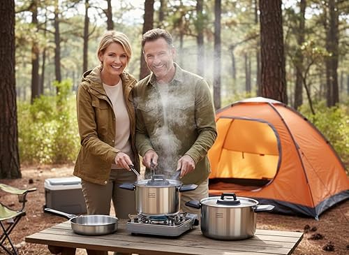 Miniatura 2 de Juego de utensilios de cocina de acero inoxidable para acampar, sartén con mango desmontable, ollas anidables para mochileros, campamento y cocina