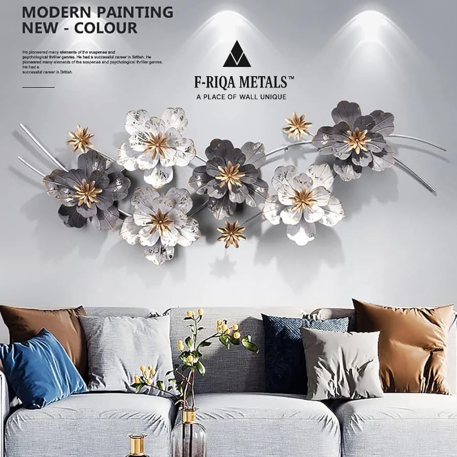 Image of F-RIQA METAL A PALACE OF WALL UNIQUE White & Grey Floral Metal Wall Art for Living Room | Handcrafted Iron Wall Hanging with Golden Flowers Luxury Wall Hanging Decoration for Living Room, Bedroom, Hallway & Office (Art Deco)