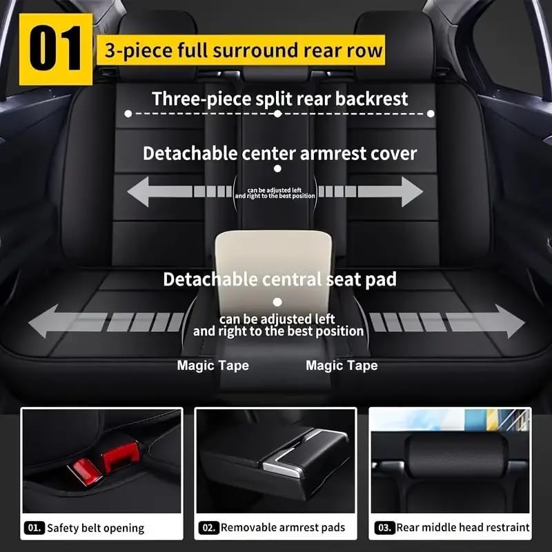 Universal Car Seat Covers, Faux Leather with Mesh, Front and Rear 5-Seater Set, Navy Blue with Orange Trim, Quilted Design, Easy Installation (Blue)