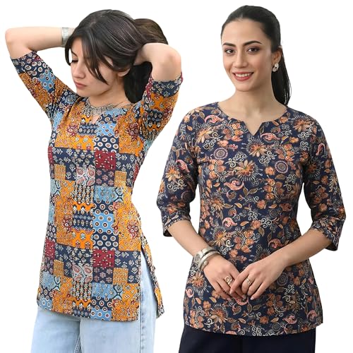 Image of Pinkmint Women's Cotton Blend Printed Short Kurti, Hip-Length Ethnic Tunic for Women, 3 /4 Sleeve Notch Neck, Casual, Office (Available in Plus Sizes & Combo Pack 2)
