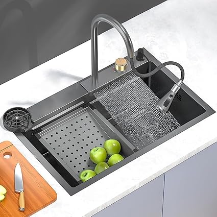 JABON KITCHEN SINK WITH WATERFALL WITH PULL OUT FAUCET SIZE 30X18X9 WITH CHOPPING BOARD AND BASKETS, LIQUID SOAP DISPENSER AND GLASS WASHER (JKS01001)