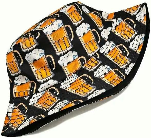 Cartoon Beer Bucket Hat Funny Printing Pattern Fisherman Hats Double Sided Panama Cap for Men Women Outdoor Sun Summer-Beer Print-22.05-22.83Inch (56-58Cm)