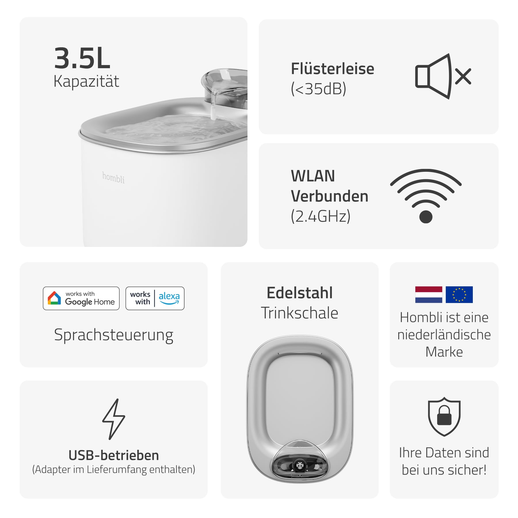 Hombli Smarter Trinkbrunnen für Haustiere, 3,5 l Volumen, leise, Edelstahl-Napf, Filter- und Wasserstandüberwachung, kompatibel mit Alexa & Google