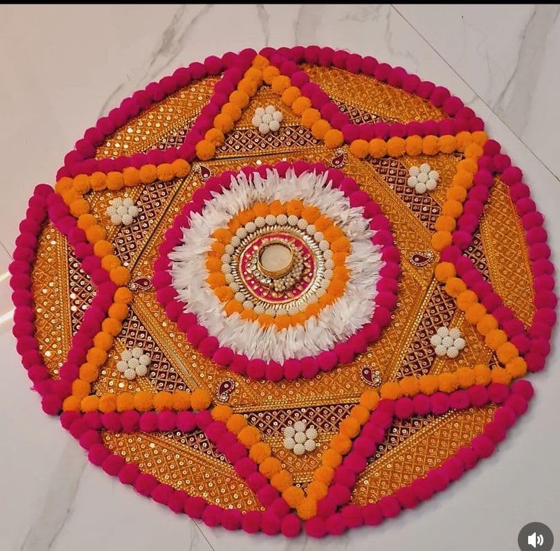 Handcrafted gota pati Work Decorative Rangoli Mat Ready to use Rangoli mat for Diwali,navratre,Diwali Decoration,Wedding,Festival Decoration Material MDF Base, 60 cm Diameter MDF Base