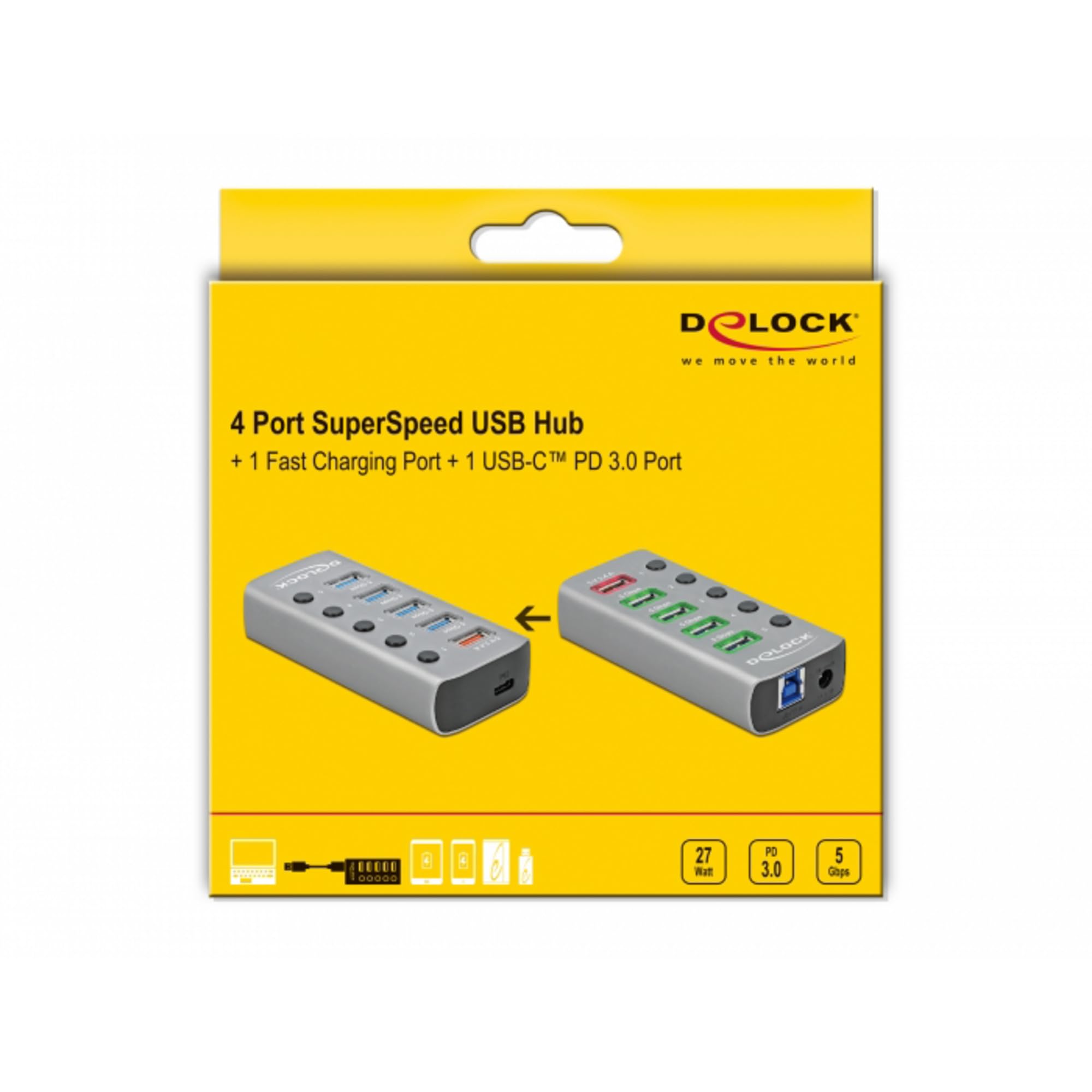 Delock USB 3.2 Gen 1 Hub mit 4 Ports + 1 Schnellladeport + 1 USB-C PD 3.0 Port 63263