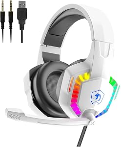 ZIYOU LANG CY907 Wired Gaming Headset with Rainbow RGB Backlight-White | Retractable,Noise Isolating Microphone,Stereo Sound,Deep Bass,Memory Foam Earmuff,Over Ear Headphone for PS4 PC Win Mac Music