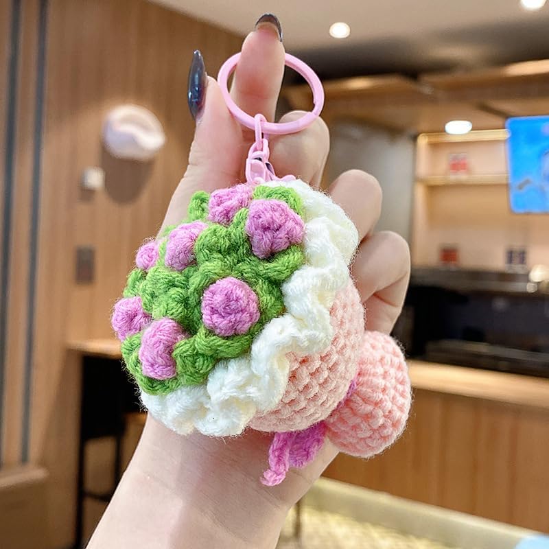 Handmade Crochet Rose Bouquet Keychain, Cute Red Knitted Flower Keyring, Yarn Bag Charm, Unique Gift for Women - Image 4