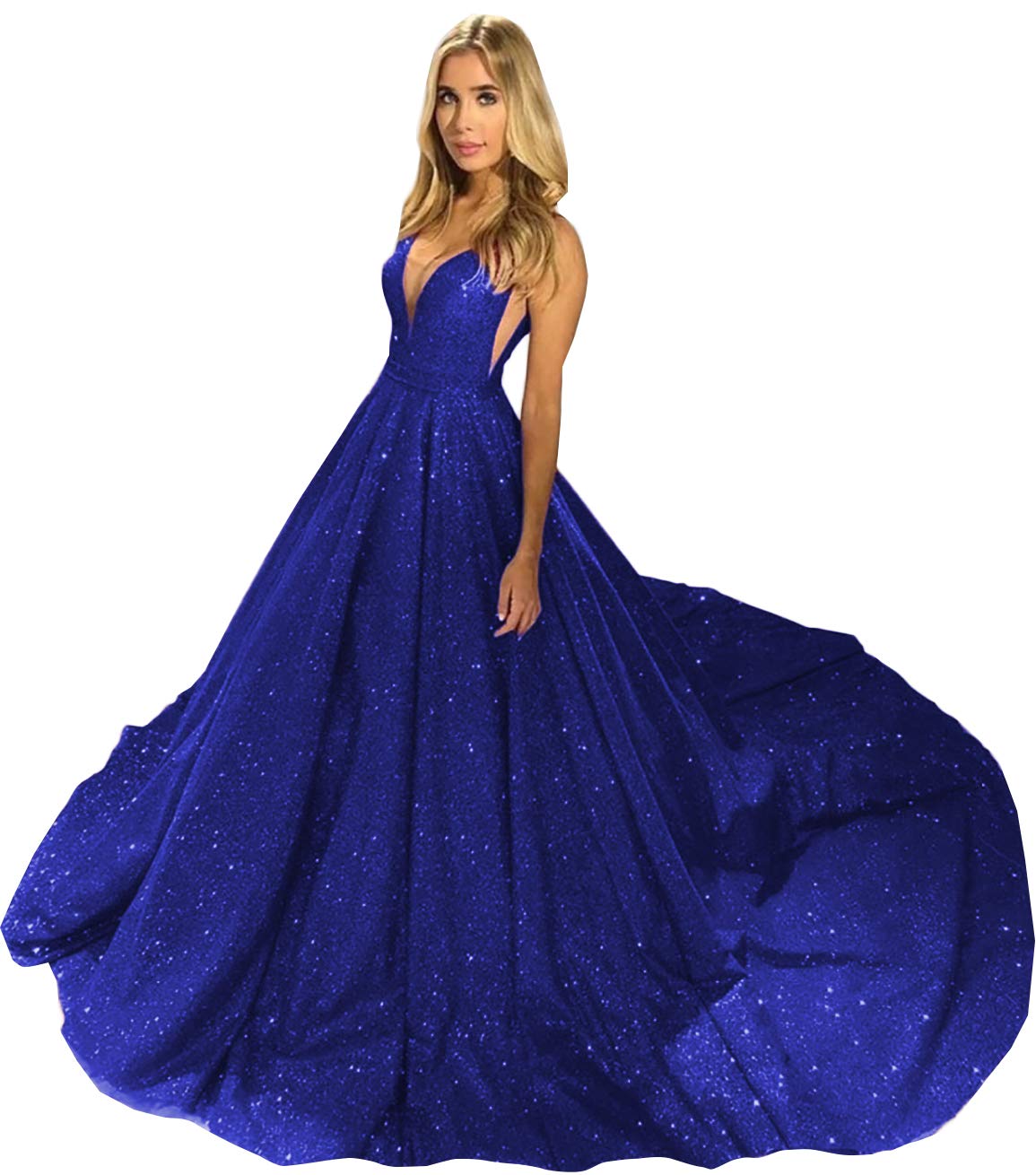 Sherry Bridal A Line Sexy Evening Dresses for Women Satin Empire Waist Prom Gown Royal Blue Size 20