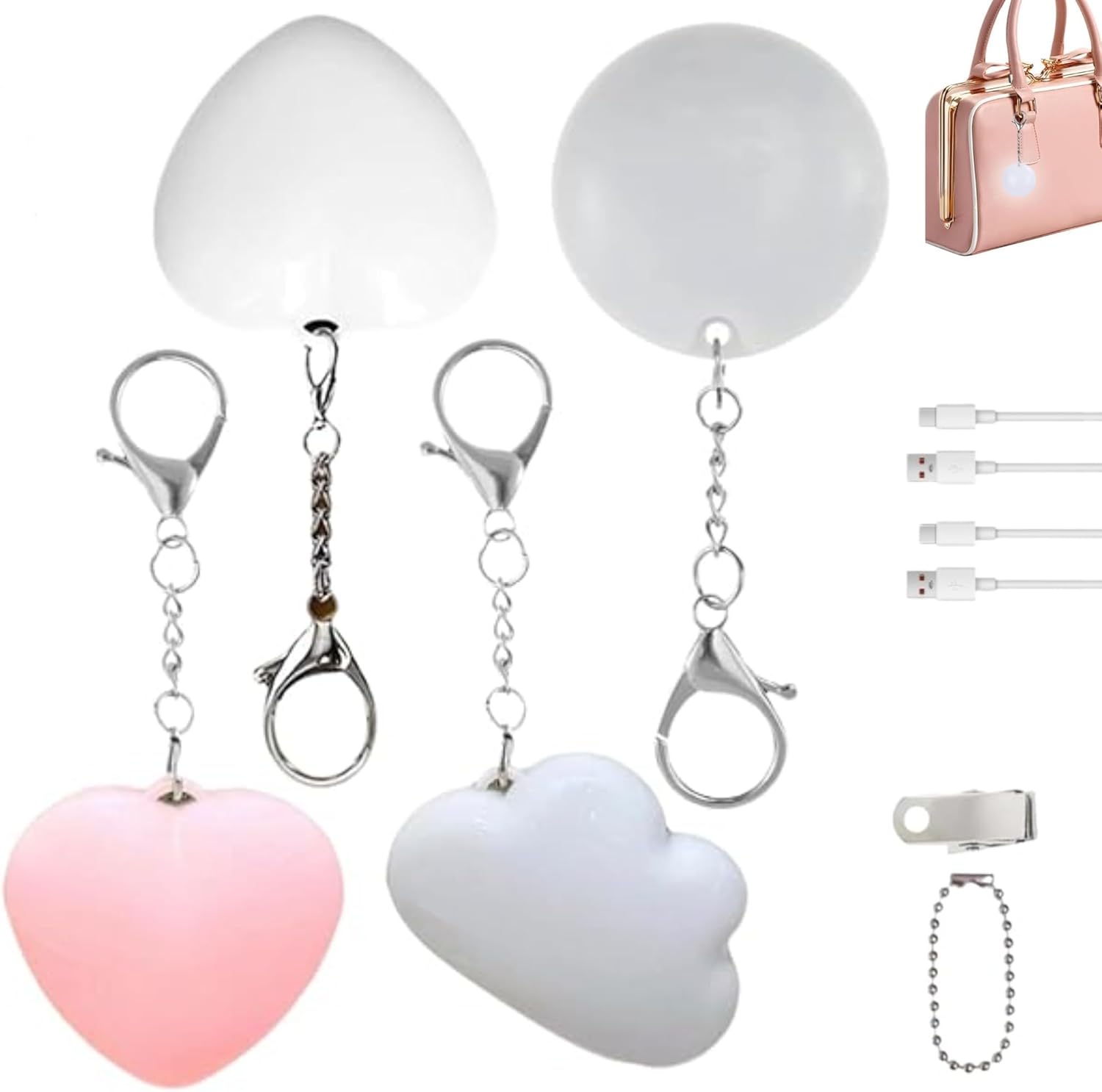 4Pcs Purse Light Handbag Light, Love Wallet Tote Bag Touch Sensing Lights with Automatic Sensor, Heart Shaped Purse Lights with Clip & Hook, Rechargeable Purse Lamp Accessories, Valentine’s Gift