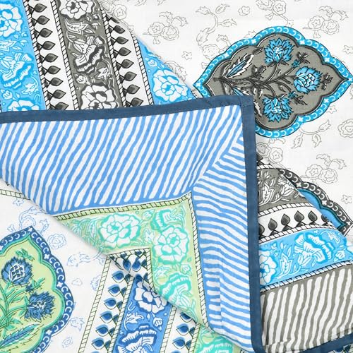 Image of BLOCKS OF INDIA 100% Cotton Dohar King Size Reversible Hand Block Printed Malmal Summer Dohar /Blanket (Blue Rose)-300 TC