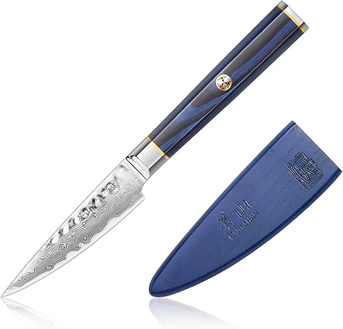 Cangshan Cuchillo de pelar serie KITA de 3.5 pulgadas con funda, acero de Damasco X-7 de alto carbono, 501455