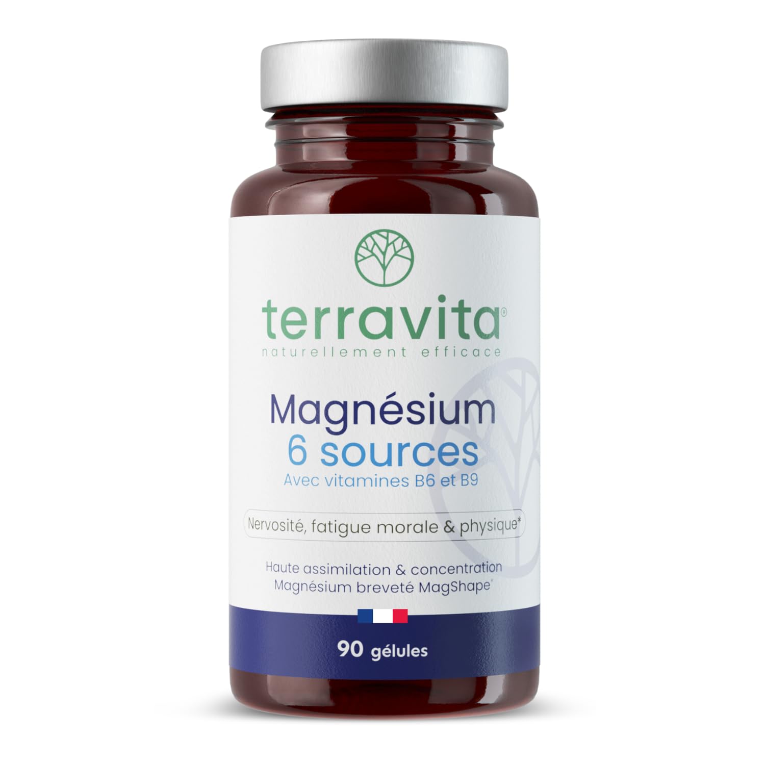 Magnésium 6 Sources dont Bisglycinate + Marin + Citrate | Efficacité Optimale contre Fatigue et Stress | 300 mg de Magnesium Élément par dose + B6 + B9 | 90 Gélules Vegan | Made in France | Terravita