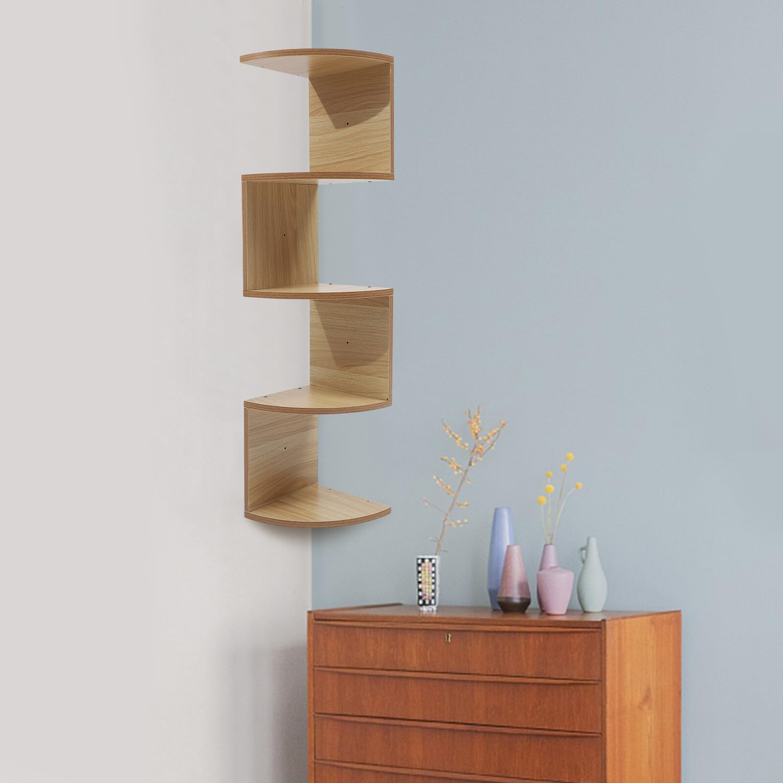 Étagère Murale en Bois à 5 Niveaux, Beige, Style Moderne