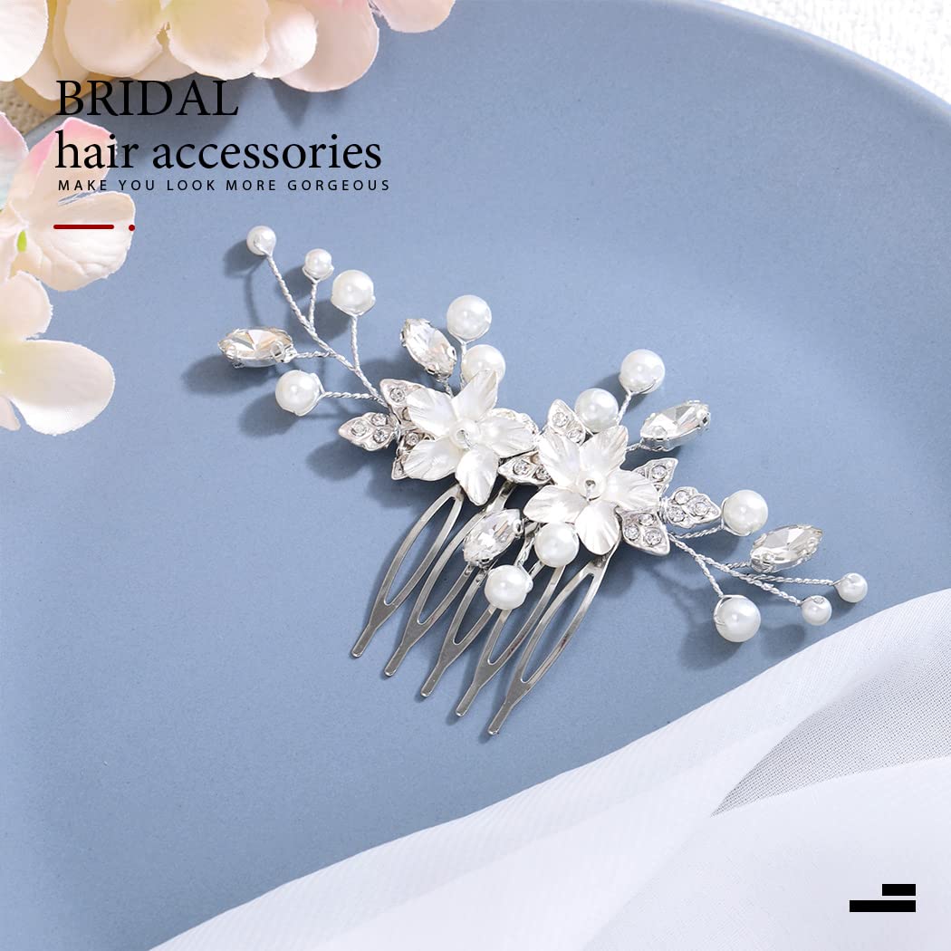 Catery Flower Bridal Hair Comb Silver Rhinestone Side Clip Wedding Accessories for Brides and Women - Image 2