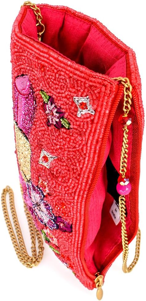 Mary Frances Glamour Girl Beaded Lipstick and Floral Crossbody Cell Phone Bag Clutch with Removable Chain Strap, Pink