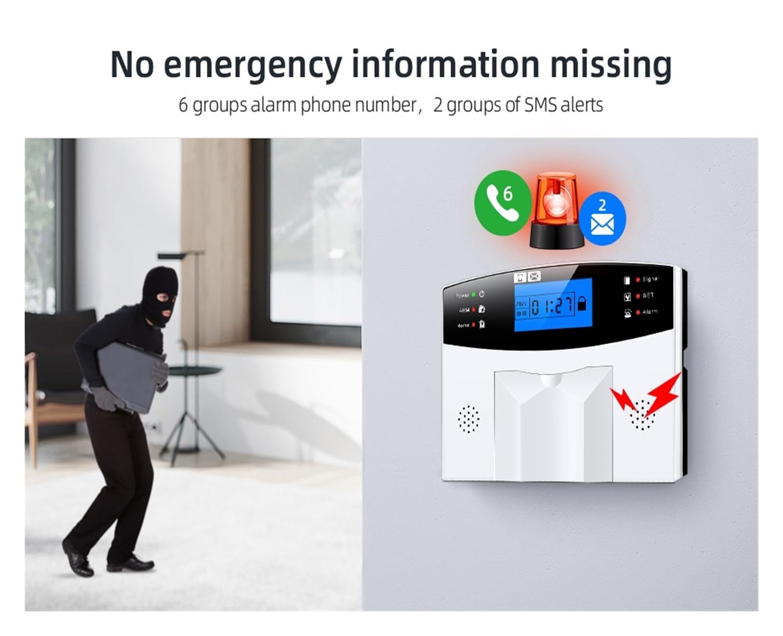 System Alarmowy do Mieszkania, GSM Home Security Inteligentny system alarmowy Zestaw antywłamaniowy Aplikacja mobilna z czujnikiem dymu,for Home Security