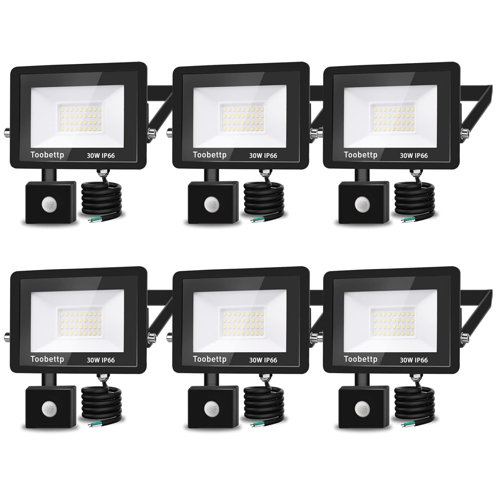 6-Piece LED Spotlight with Motion Sensor 30 W Warm White, 3000 LM Outdoor Spotlight 3500 K IP66 Waterproof for Garden, Garage, Patio, Factories, Stadiums,