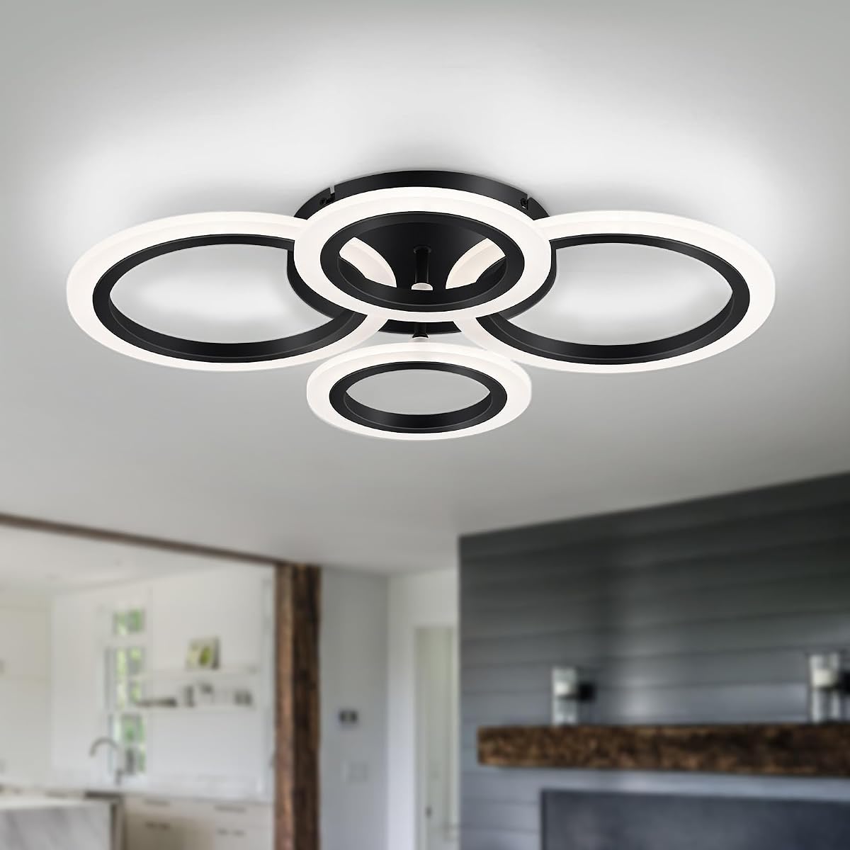 Lámpara de techo LED moderna empotrada, negra, 4 anillos, no regulable | 4000K cerca de lámparas de techo, lámpara de iluminación de cocina para dormitorio, sala de estar, cuarto de lavado