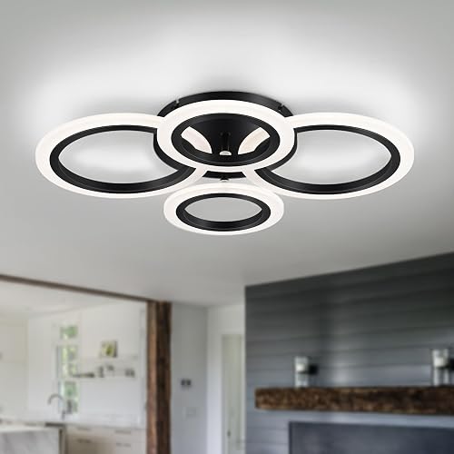 Modern LED Flush Mount Ceiling Light, Black, 4 Rings, Not Dimmable | 4000K Close to Ceiling Light Fixtures, Kitchen Lighting Fixture Lamp for Bedroom, Living Room, Laundry Room