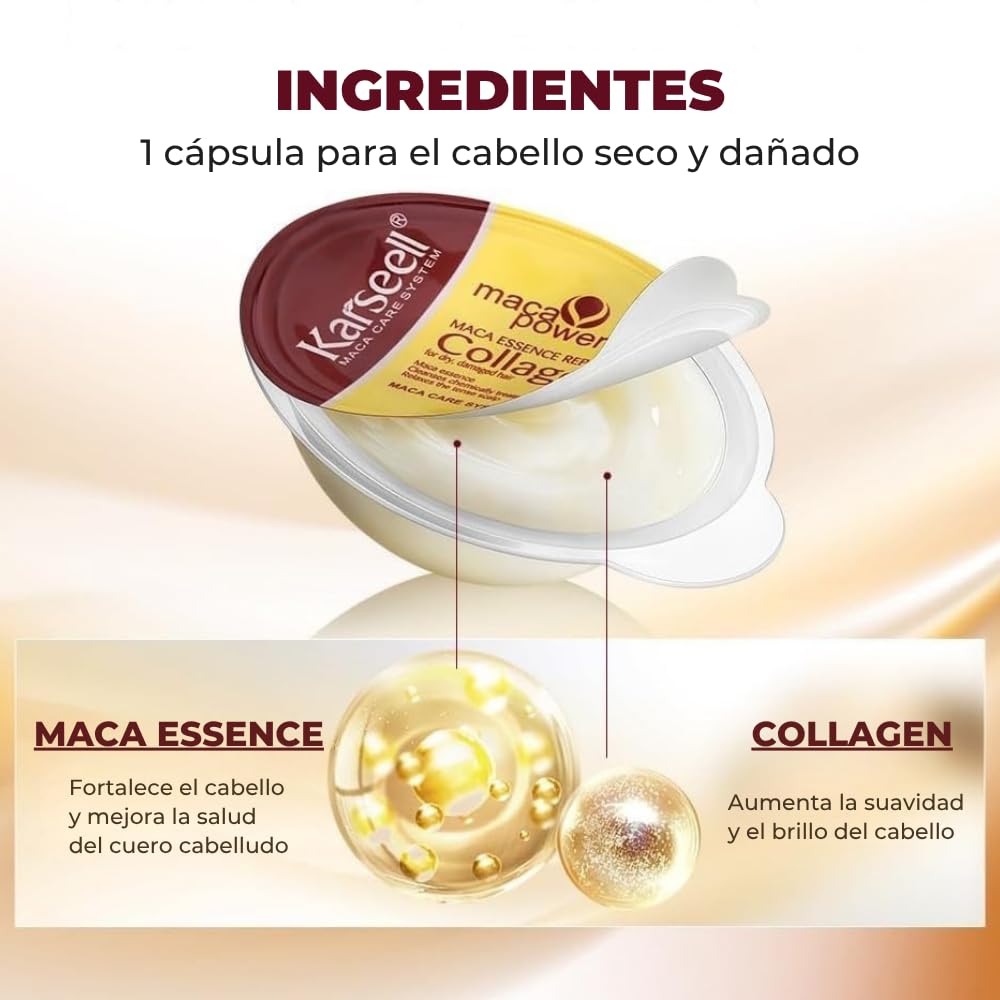 Karseell MACA CARE SYSTEM Zestaw 8 Masek do Włosów Kolagen Monodozy 12ml + Serum Olejek Arganowy 50ml Olej Kokosowy Karite Głęboka Regeneracja Intensywne Nawilżenie Antifrizz Włosy Suche Zniszczone