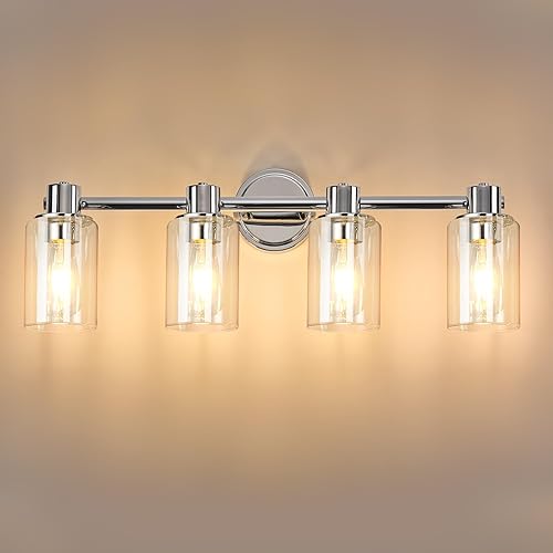 Miniatura 17 de Apliques de Pared de Baño de 2 Luces con Cristal Transparente, Luces de Pared de Baño Sobre Espejo, Luces de Tocador Cromadas con Base E26