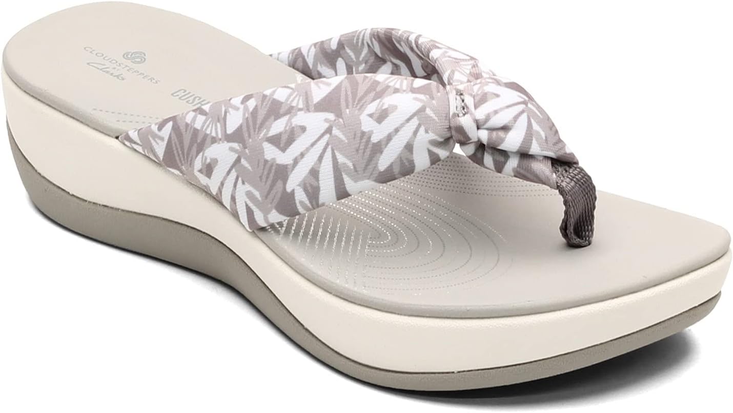 Clarks Women's Arla Glison Flip-Flop 5 Grey/White Floral Textile