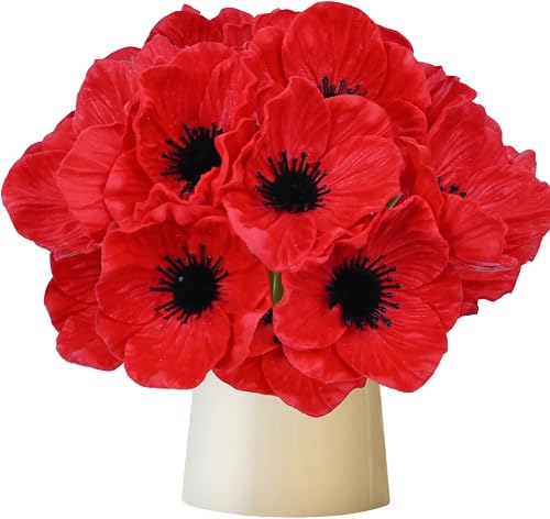 10Pcs Red Poppy Artificial Flowers 11" Real Touch No Fade PU Fake Flowers | for Wedding Centerpieces Bridal Bouquets Home Decor Vase DIY Arrangements Memorial/Veterans Day