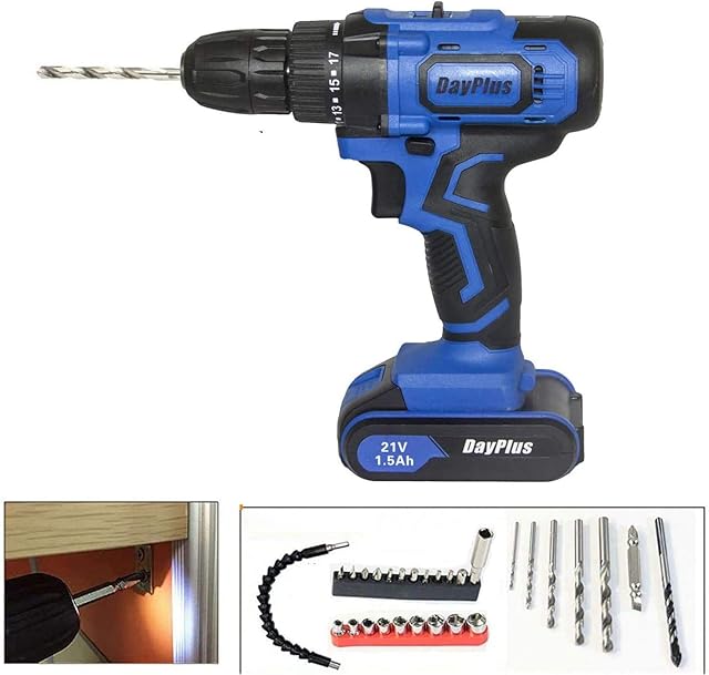 21V Electric Impact Drill Set Cordless Screwdriver 18+1 Torque with 1500mAh Rechargeable Lithium-ion Battery 2-Speed LED Work Light with 29pcs Drill Bits for DIY/Workshop/Garage - 2 Batteries Kit
