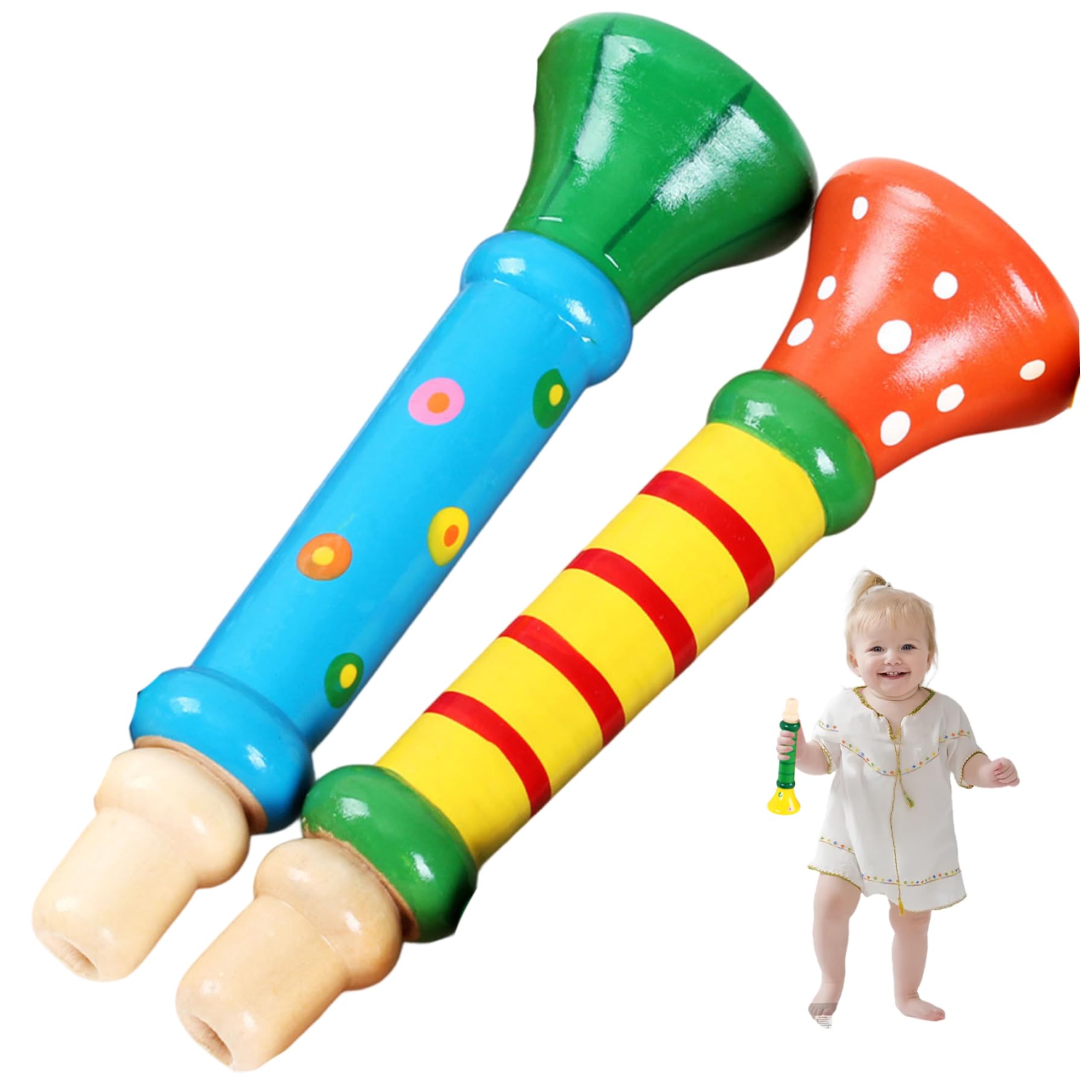 Toy Trumpet 2PCS Small Wooden Cute Safe Toddler Trumpet Pretend Play Fun Musical Instruments for Toddlers 1-3, Random Color Toys and Games