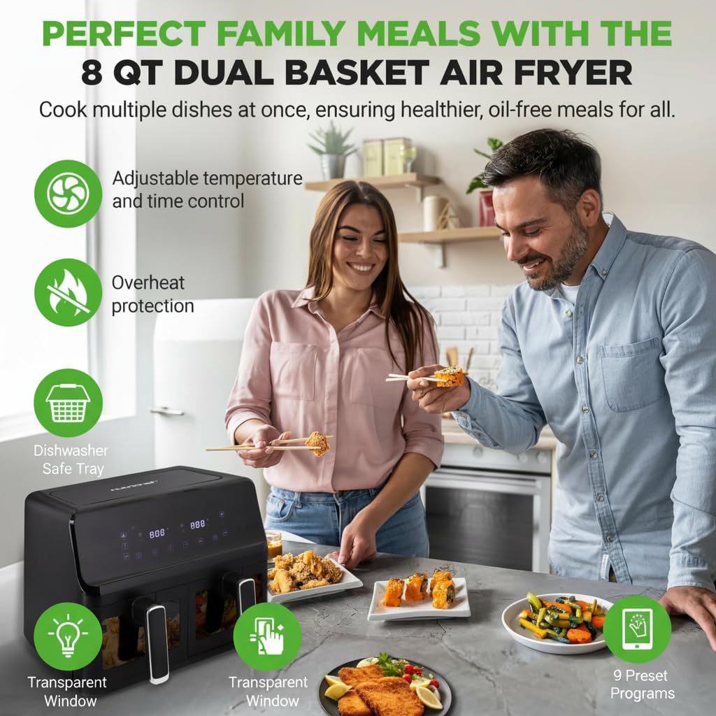 Family enjoying a meal cooked with the NutriChef Double Basket Air Fryer