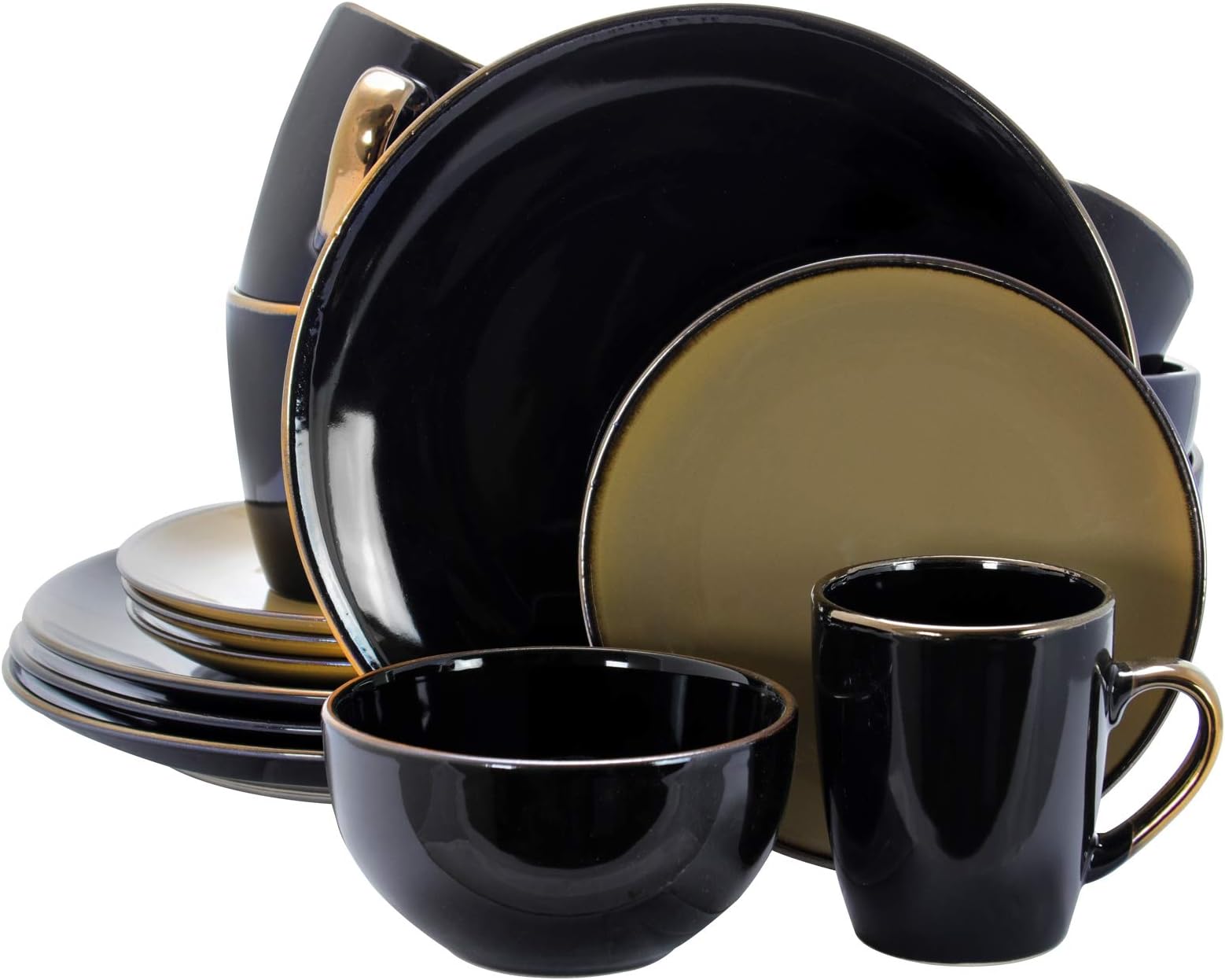 Elama Cambridge Grand 16-Piece Dinnerware Set in Luxurious Black and Warm Taupe with Complete Setting for 4