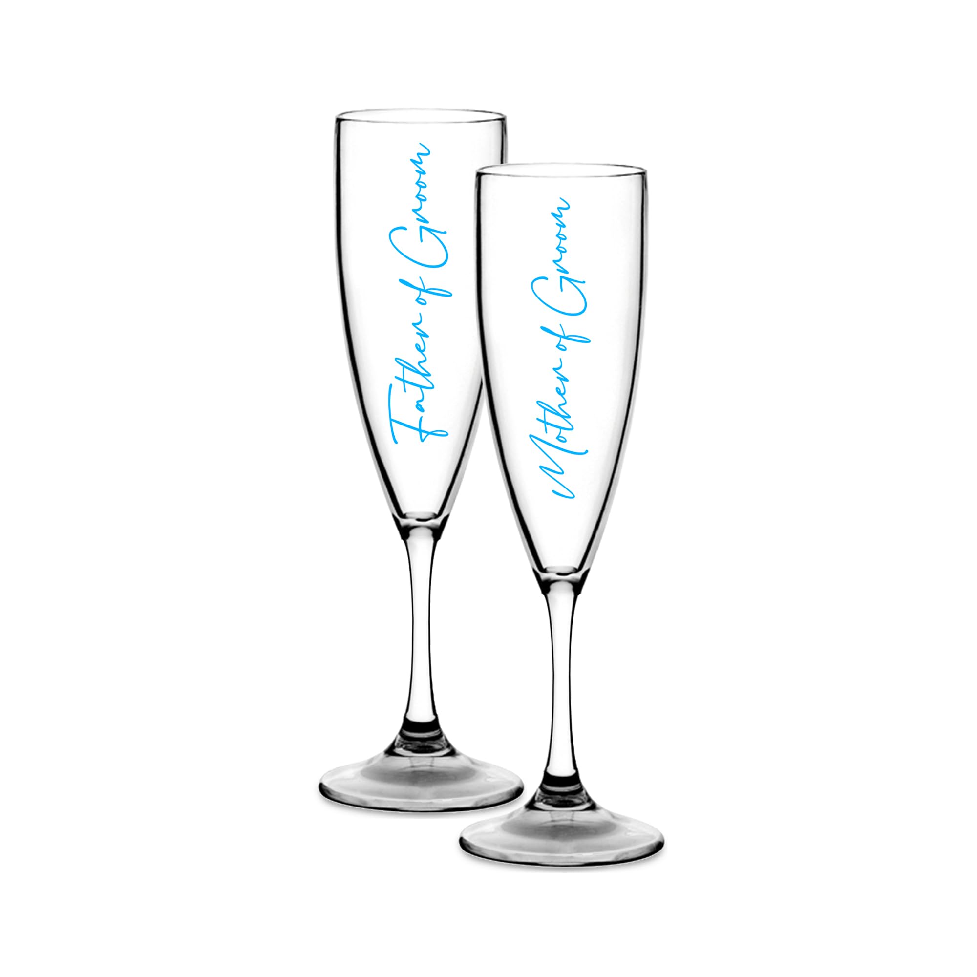 Print Maniacs Champagne Premium Clear Flute Glass Bride Groom Mr Mrs Wedding Maid Honour Wine Cocktail Prosecco Celebrations Gift (Baby Blue, Mother + Father Groom Set)