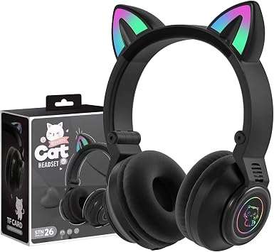 ocuklar i in Kablosuz Kulakl k, Kedi Kula , LED I kl  Bluetooth Katlanabilir Kulakl k, K z  ocuk, Yeni Yang n Tablet/Diz st  Bilgisayar/iPad/Okul i in  ocuk Kulakl klar  siyah