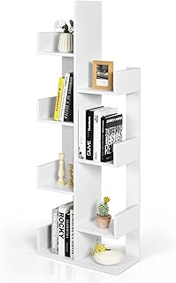 CASART 8-Tier Tree-Shaped Bookshelf, Freestanding Bookcase with Anti-toppling Device and Side Panel, Floor Standing Display Shelf Organizer for Living Room, Study Room, Home & Office (White)