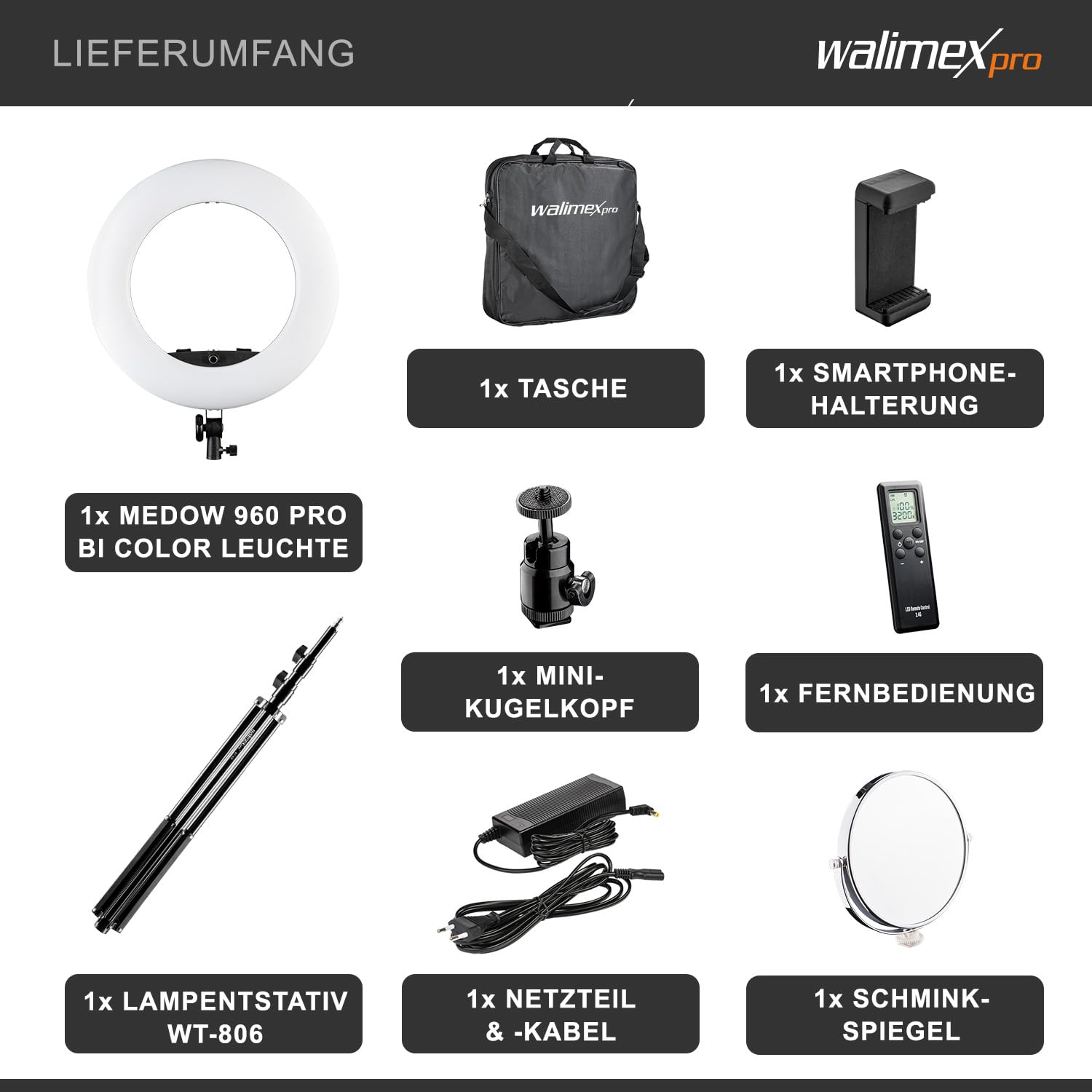 Walimex pro Medow 960 Pro Luce anulare LED incl. treppiede, luce anulare bicolore 3200-5500 K, luce video dimmerabile con telecomando 96 W, treppiede per lampada con ammortizzazione a molla