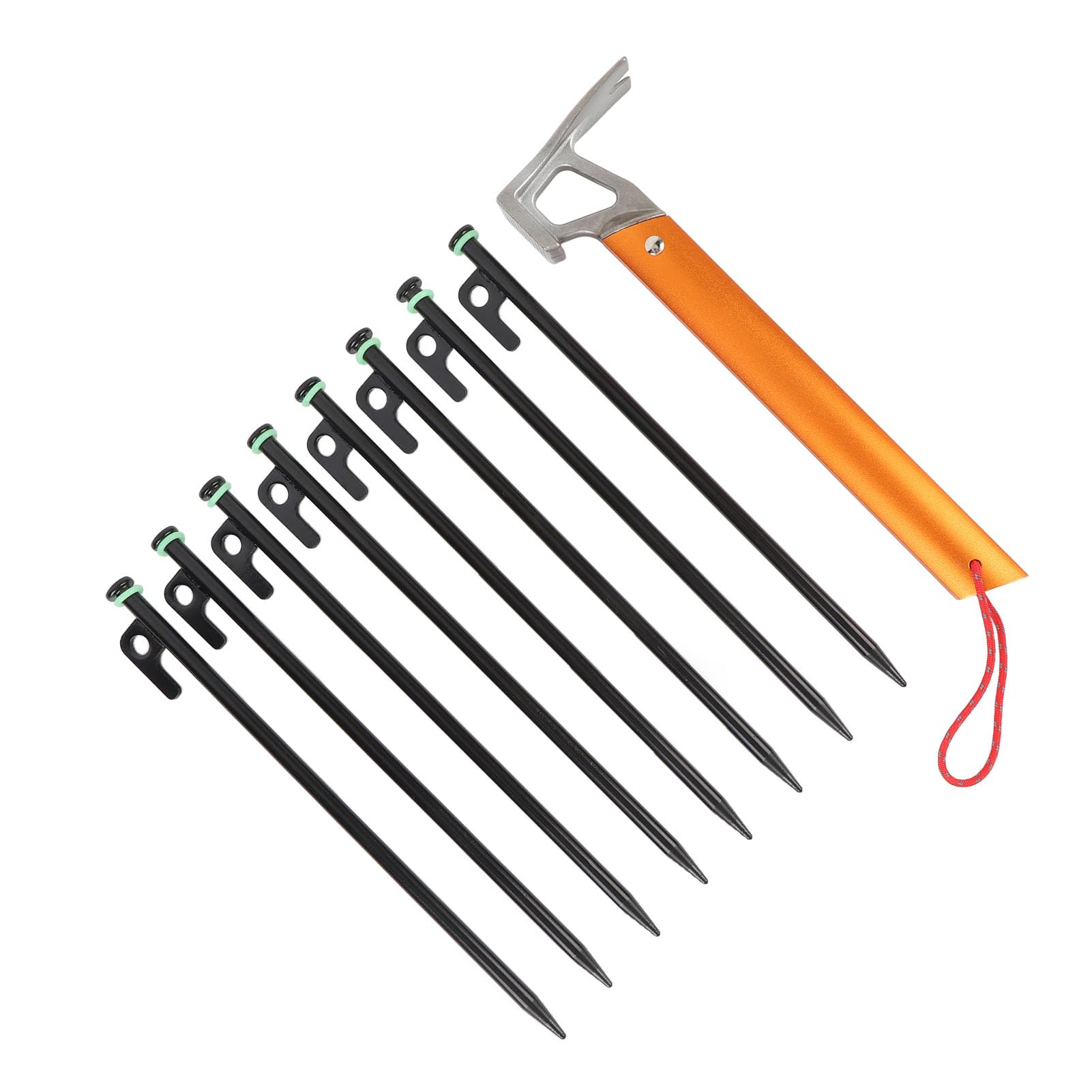 Bediffer Piquets de Camping Multi-usages 30 Cm avec Anneaux Lumineux et Haubans pour Tentes et Auvents, Alliage D'aluminium Léger et Acier Inoxydable, 8 Unités (Noir Orange)