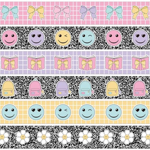 Image of 60 Pcs 69 ft Pastel Composition Bulletin Board Border | Pastel Border Trim Cute Bow Smile Faces Flower Grid Straight Borders for Back to School Classroom Chalkboard Wall Decor